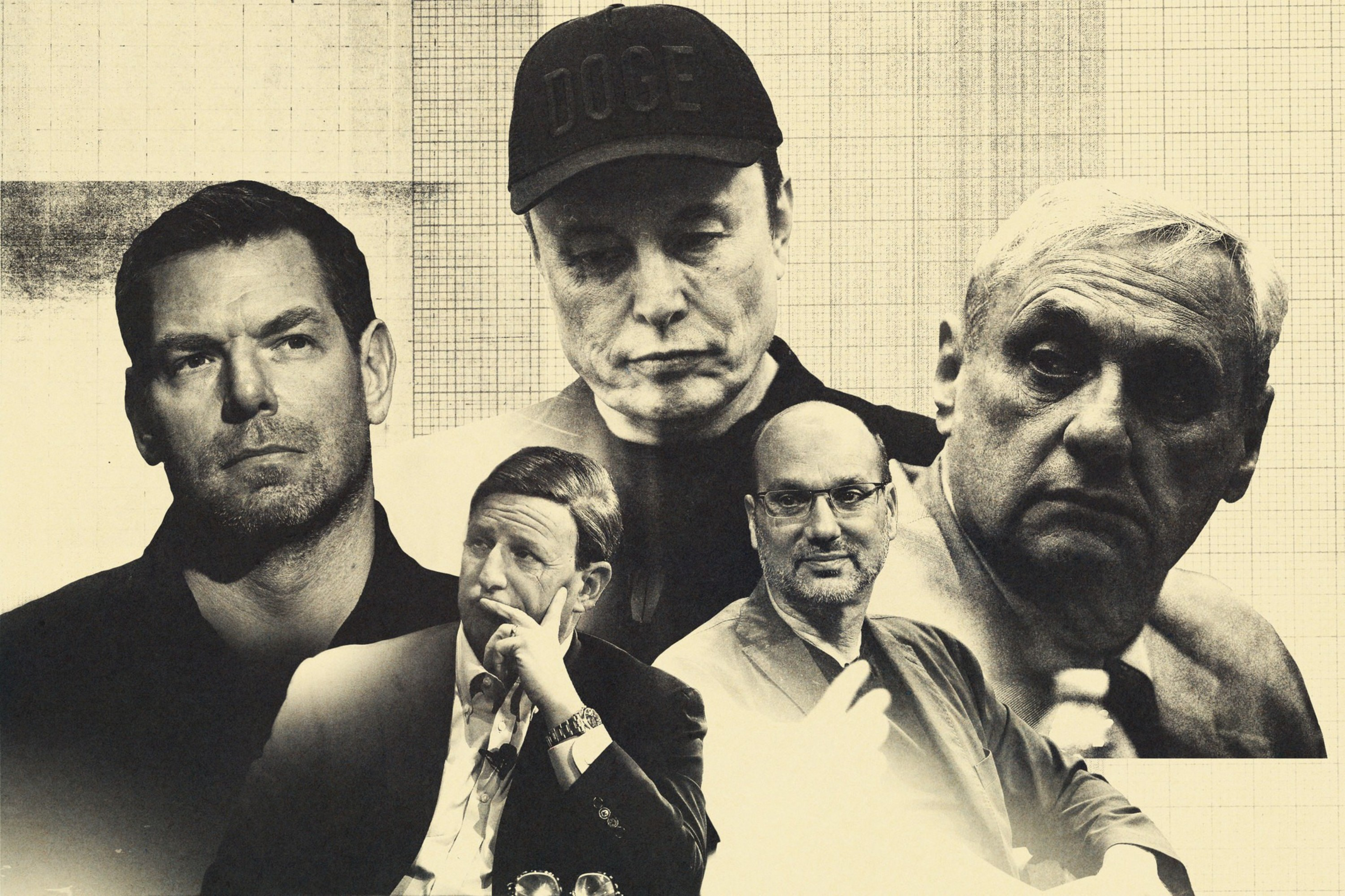 Five men with serious expressions are shown, including one wearing a cap labeled "DOGE," against a textured, grid-like beige background.
