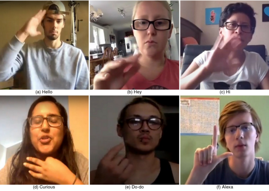Six photographs of video screenshots of ASL signers who are looking into the video camera while they are in various home settings. The individuals shown in the video are young adults of a variety of demographic backgrounds, and each person is producing an ASL sign.