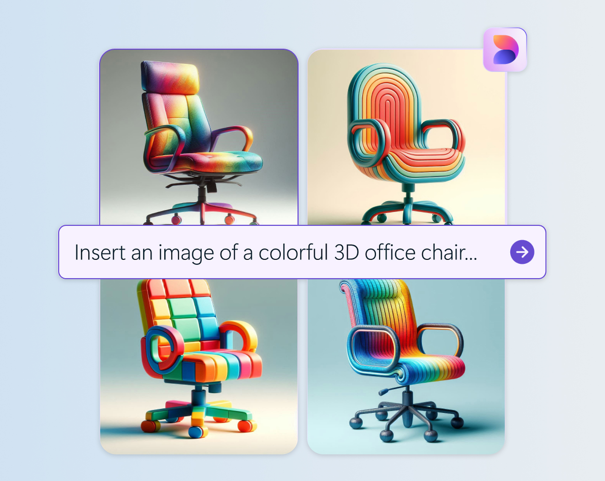 A rainbow-colored office chair with wheels.