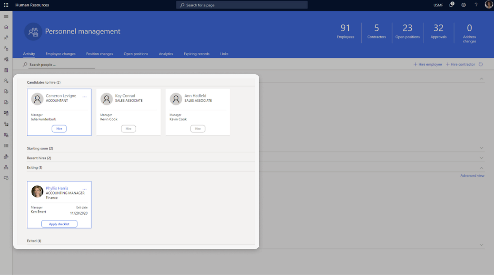 Un panel de administración de personal muestra 91 empleados, 5 contratistas, 32 puestos y 0 cambios
