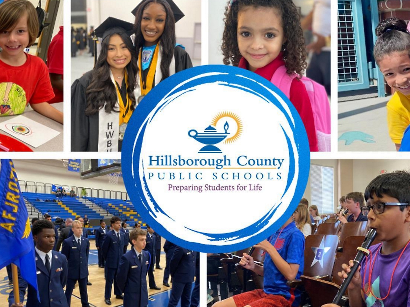 A collage featuring students from Hillsborough County Public Schools engaged in various activities, including a child drawing, graduates in caps and gowns, young children with backpacks, a marching band, and students playing instruments.