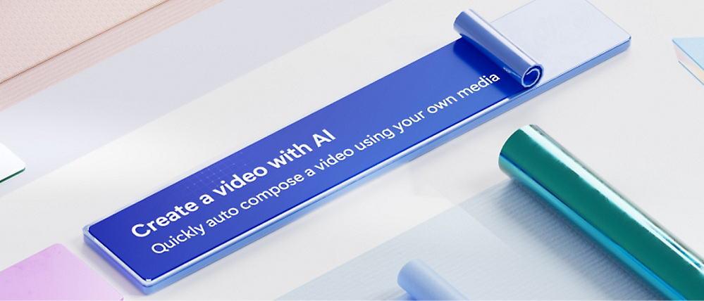 A blue rectangular sign with white text: Create a video with AI. Quickly auto compose a video using your own media.
