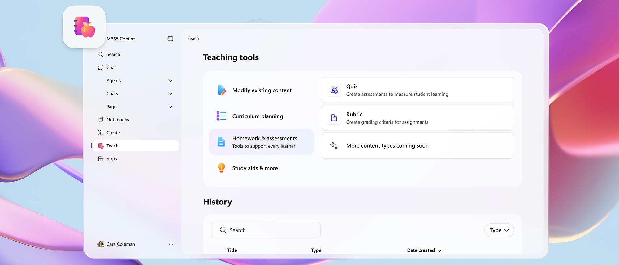 Digitální rozhraní s nabídkou výukových nástrojů, jako jsou kvízy, plánování osnov a domácí úkoly.