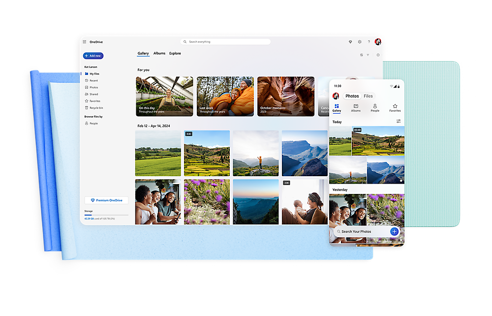A tablet and a smartphone displaying a photo gallery app with various landscape and personal photos. 