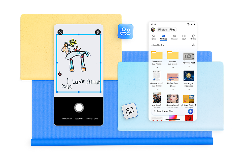 Two devices are displayed: a phone showing an illustration of a horse and another phone displaying a file management app 