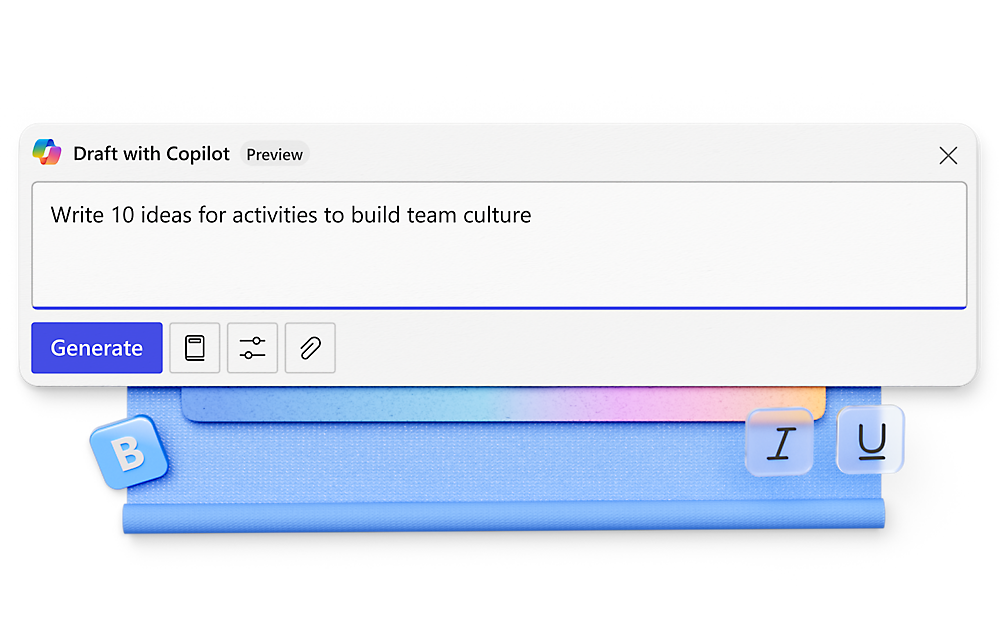 A text box with the prompt "Write 10 ideas for activities to build team culture" and a blue "Generate" button below it.
