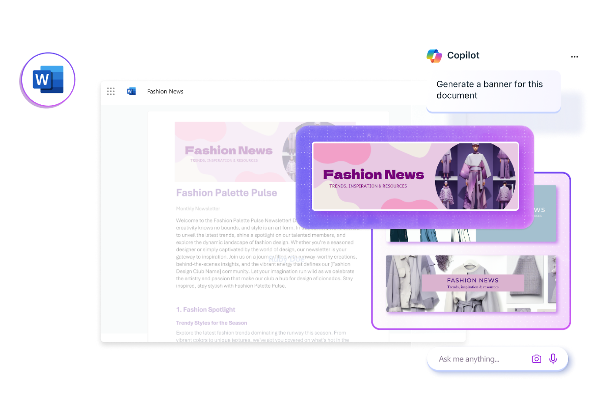 A Microsoft Word document displaying 'Fashion News' is open.