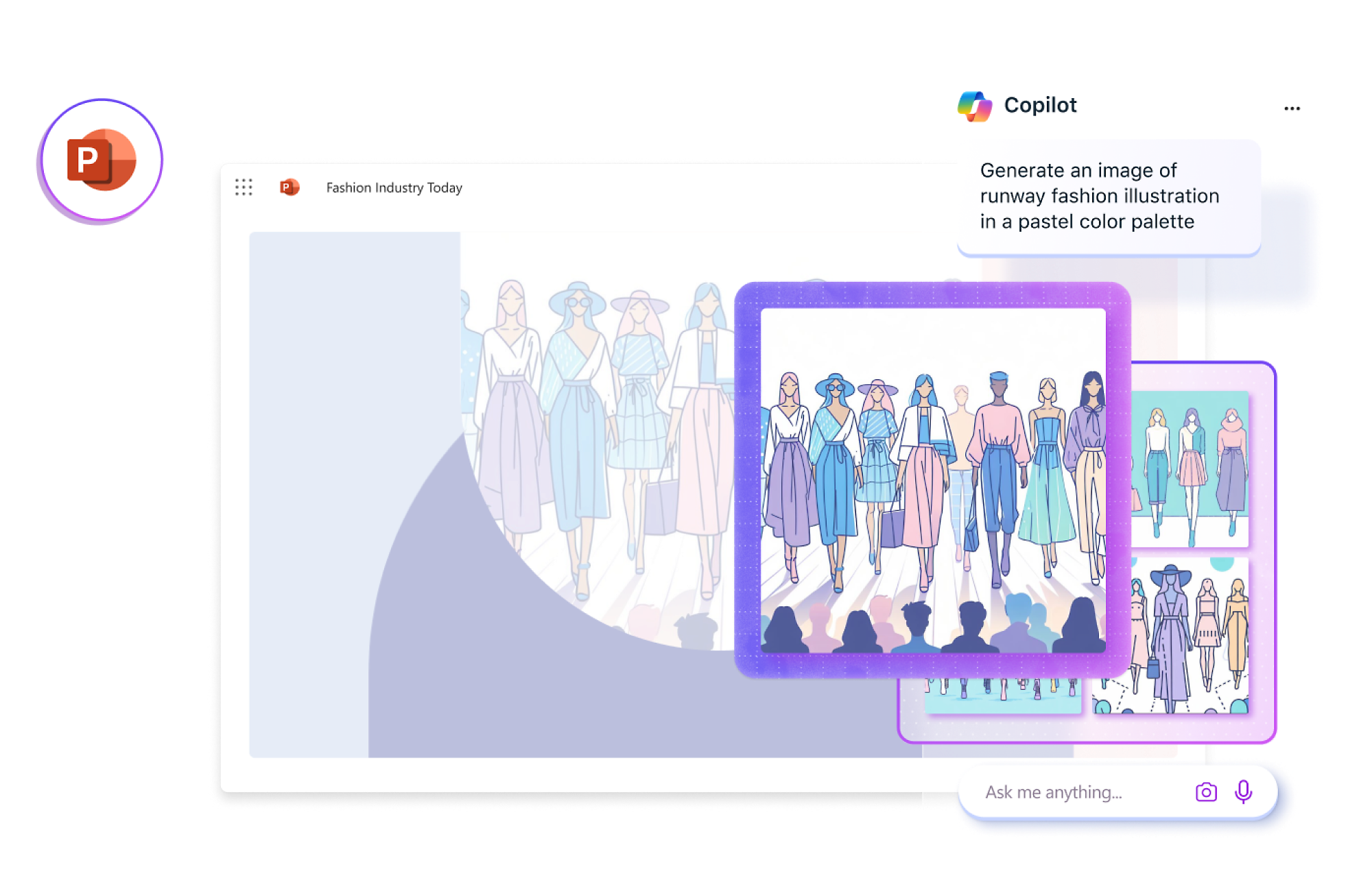 A digital image shows a presentation slide on fashion industry with an illustration of runway fashion models.