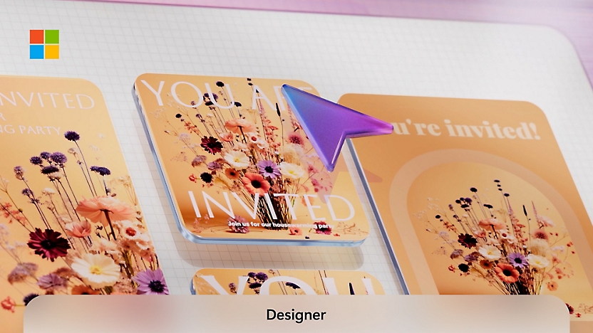 Digital graphics tablet displaying three floral "you're invited" cards, with a mouse cursor pointing at one of the cards