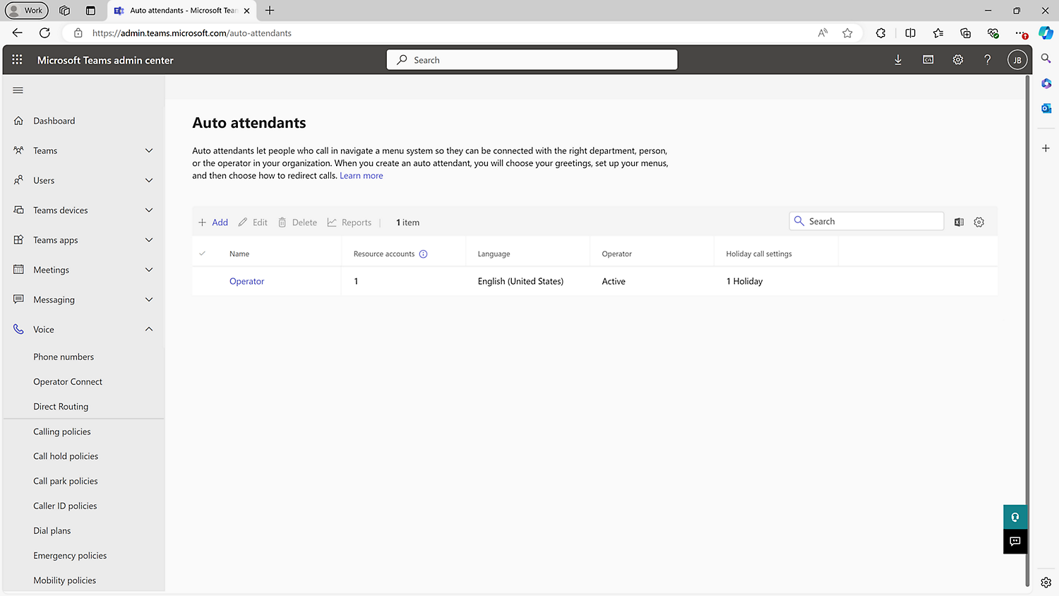 Screenshot of Microsoft Teams admin center showing one auto attendant entry. Details include name, resource account