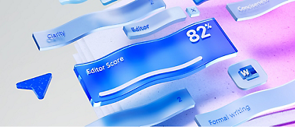 A digital display shows an Editor Score of 82%, with various elements labeled Clarity, Editor, Grammar etc