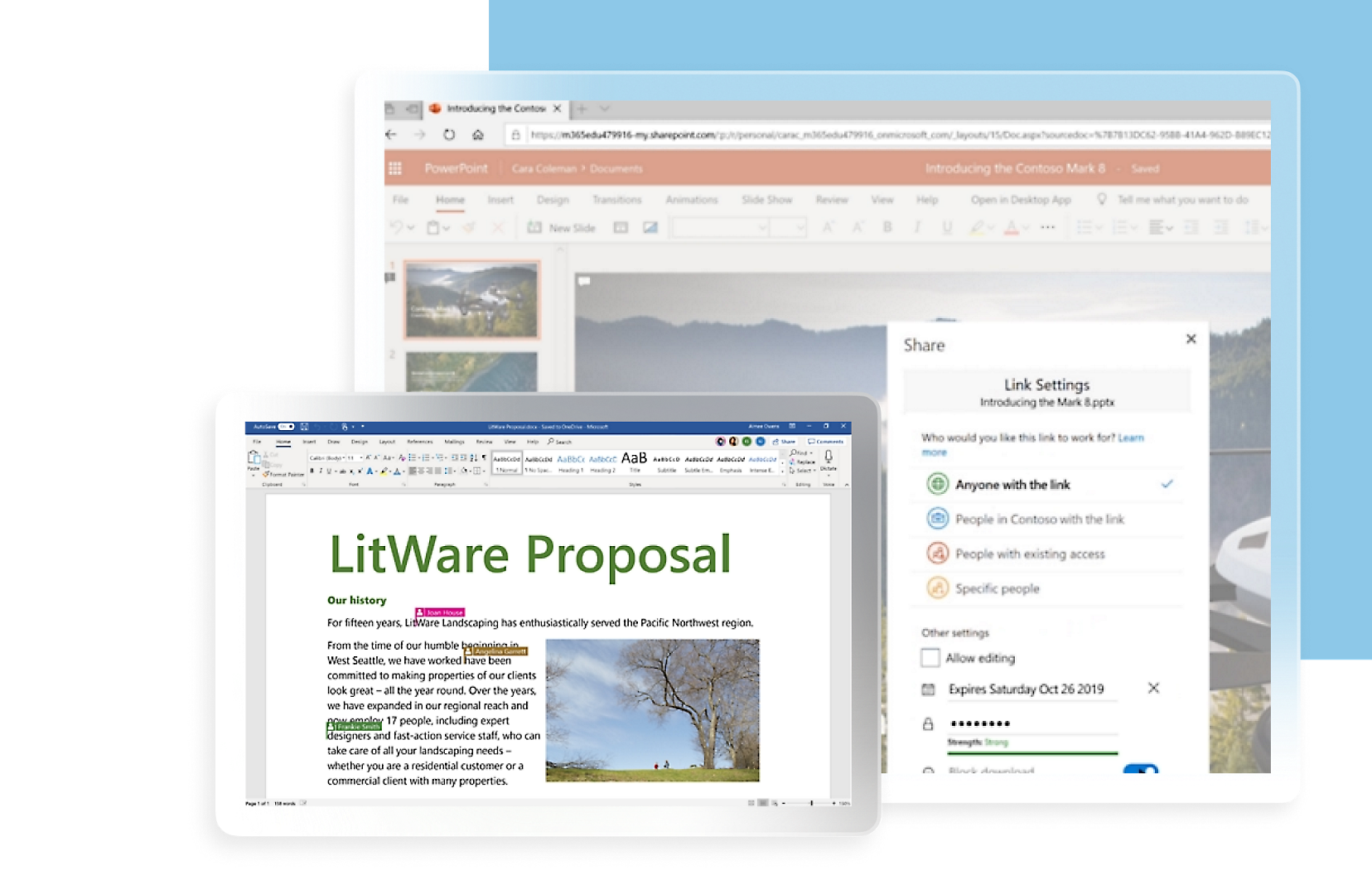 A tablet displays a document titled "LitWare Proposal" and a monitor shows a presentation slide 