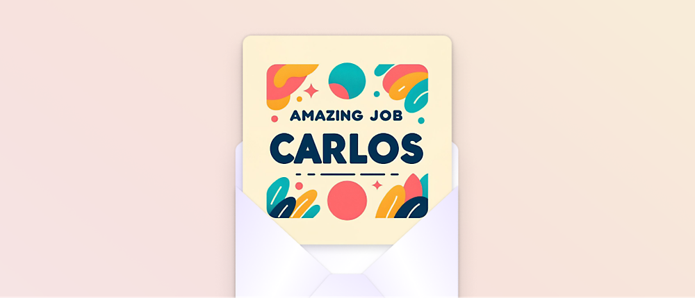A congratulatory card with colorful geometric designs reads "Amazing Job Carlos" and is partially inside a white envelope.