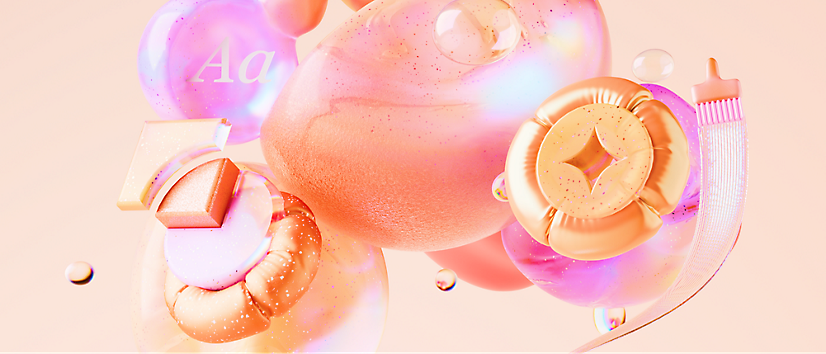 A collection of abstract, shiny objects in pastel colors, including spheres, rings, and geometric shapessubtle iridescent glow.