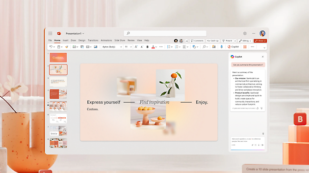 A PowerPoint presentation is displayed on a computer screen. a conversation, and a notification icon is visible.