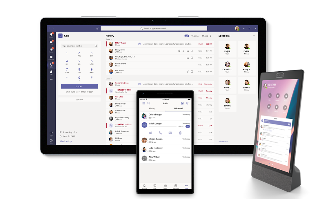 A tablet, smartphone, and speakerphone display a communication app with features like call history, speed dial, 