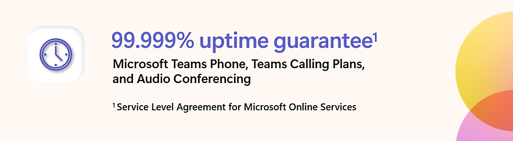 Image showing text: "99.999% uptime guarantee" for Microsoft Teams Phone, Teams Calling Plans, and Audio Conferencing. 
