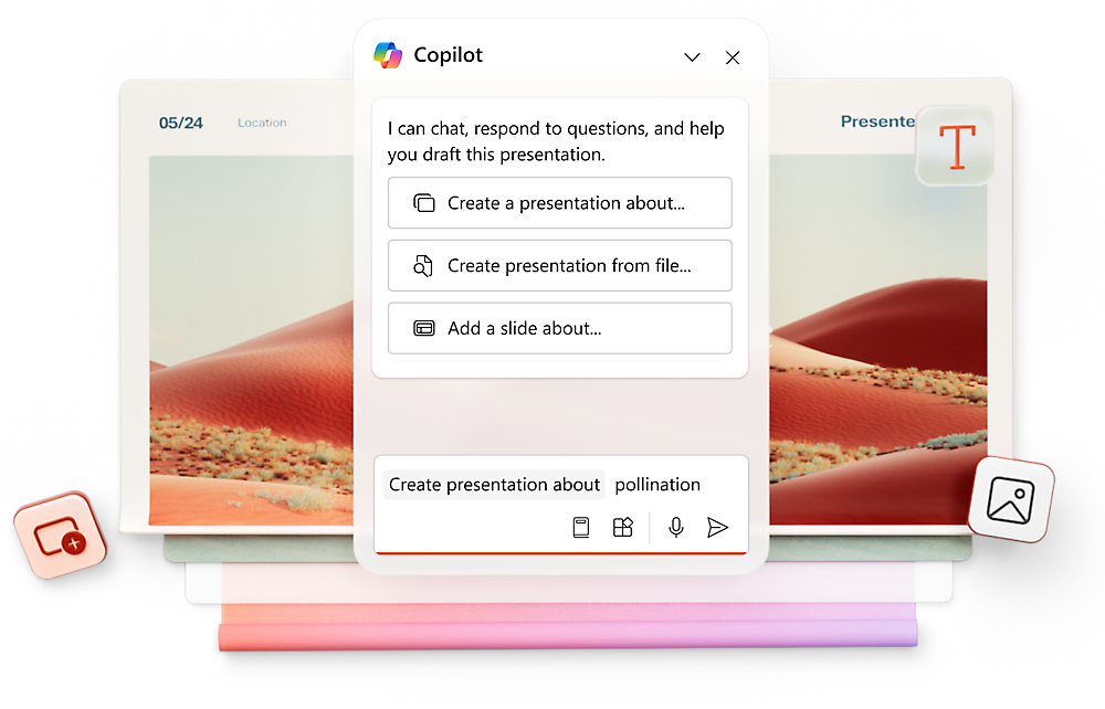 A screenshot of a software tool named "Copilot" displaying options to create a presentation from scratch 