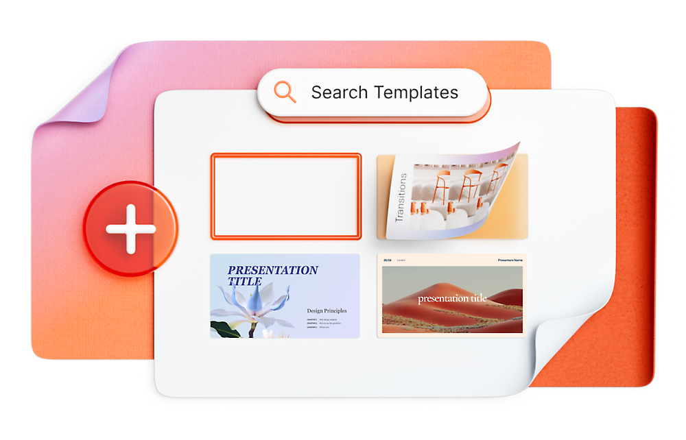 A digital interface displaying a search bar labeled "Search Templates," and various presentation templates with a plus button on the side.