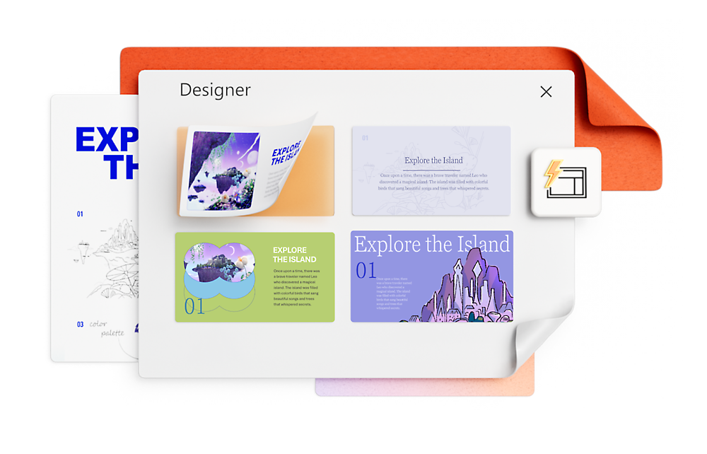 A graphic showing a designer's workspace with three different pieces of digital artwork: a turned page