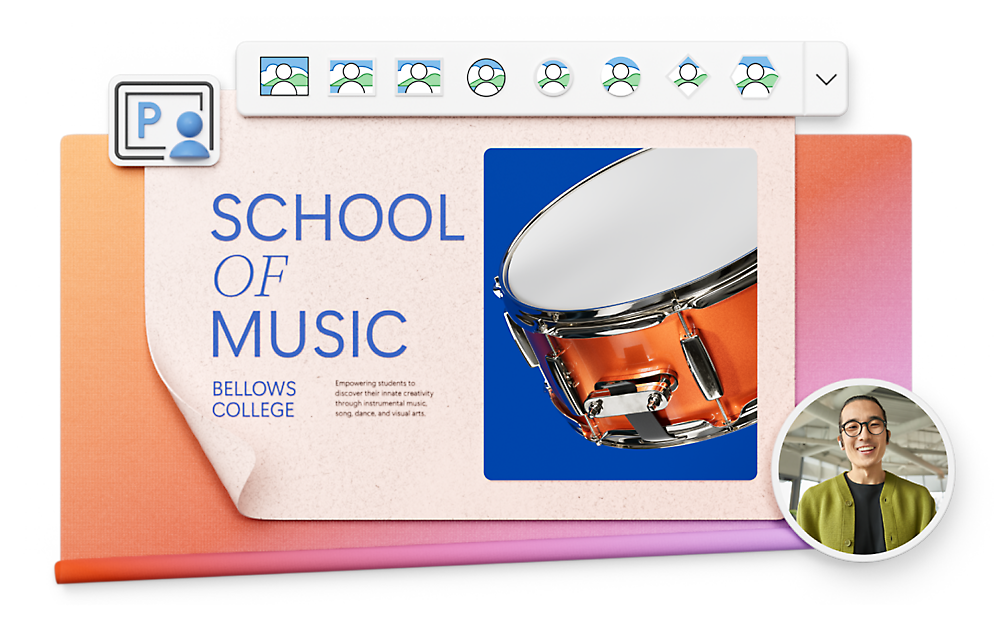 A digital collage shows a "School of Music" flyer with a drum and a small photo of a smiling person