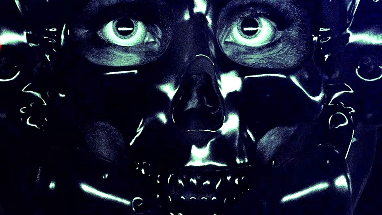 Brigador soundtrack cover art showing feminine face covered by skull mask in monochrome.