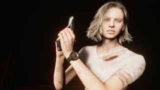 Grace stares into the light, holding her pistol