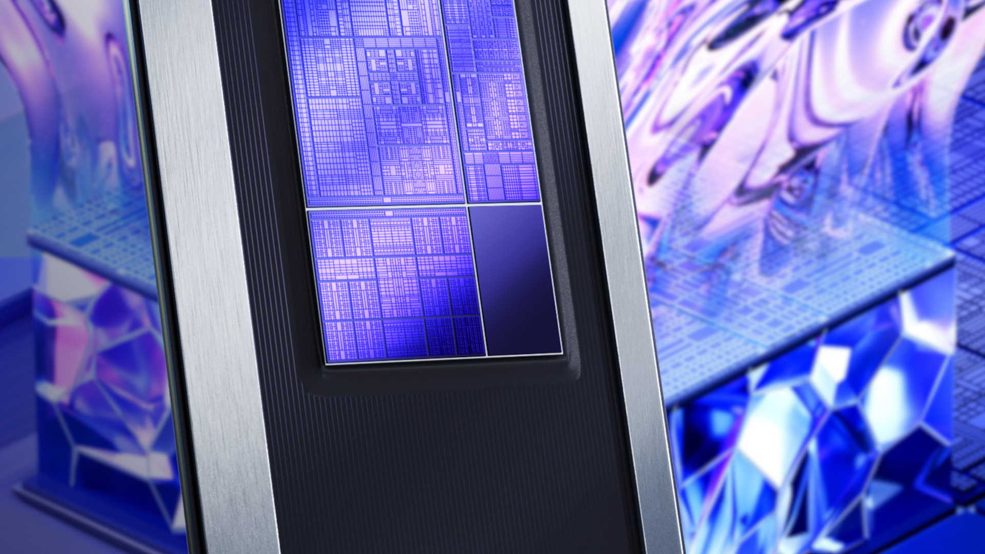 A composite image showing a stylised render of part of an Intel Panther Lake CPU, focusing on the iGPU, with a blurred render of the Xe3 module in the background.