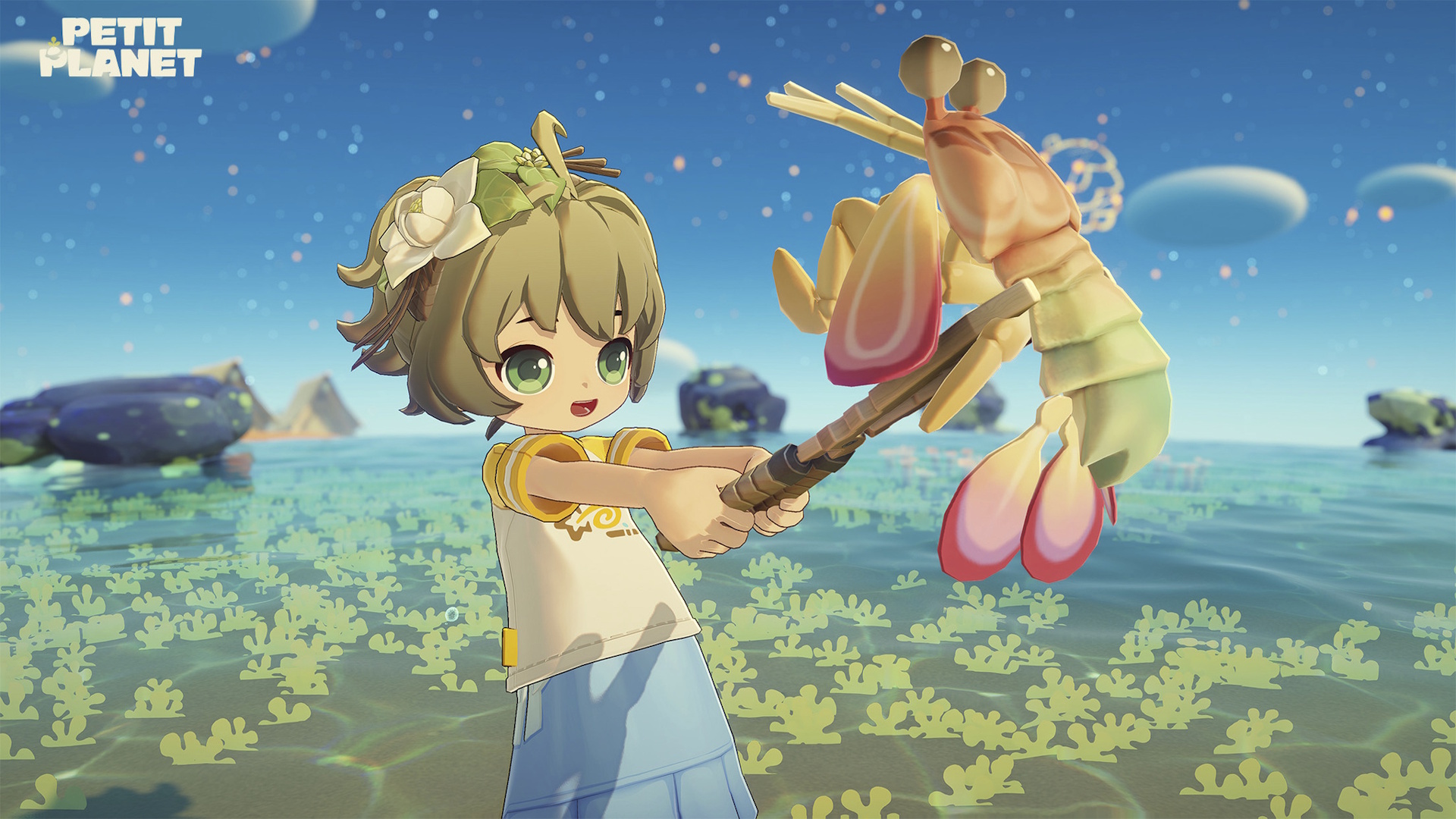 Petit Planet - an anime character holding up a sea creature with a tool for beachcombing