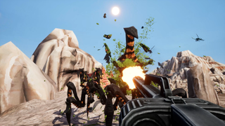 A retro pixelated FPS of a Starship Troopers Arachnid being shot to pieces