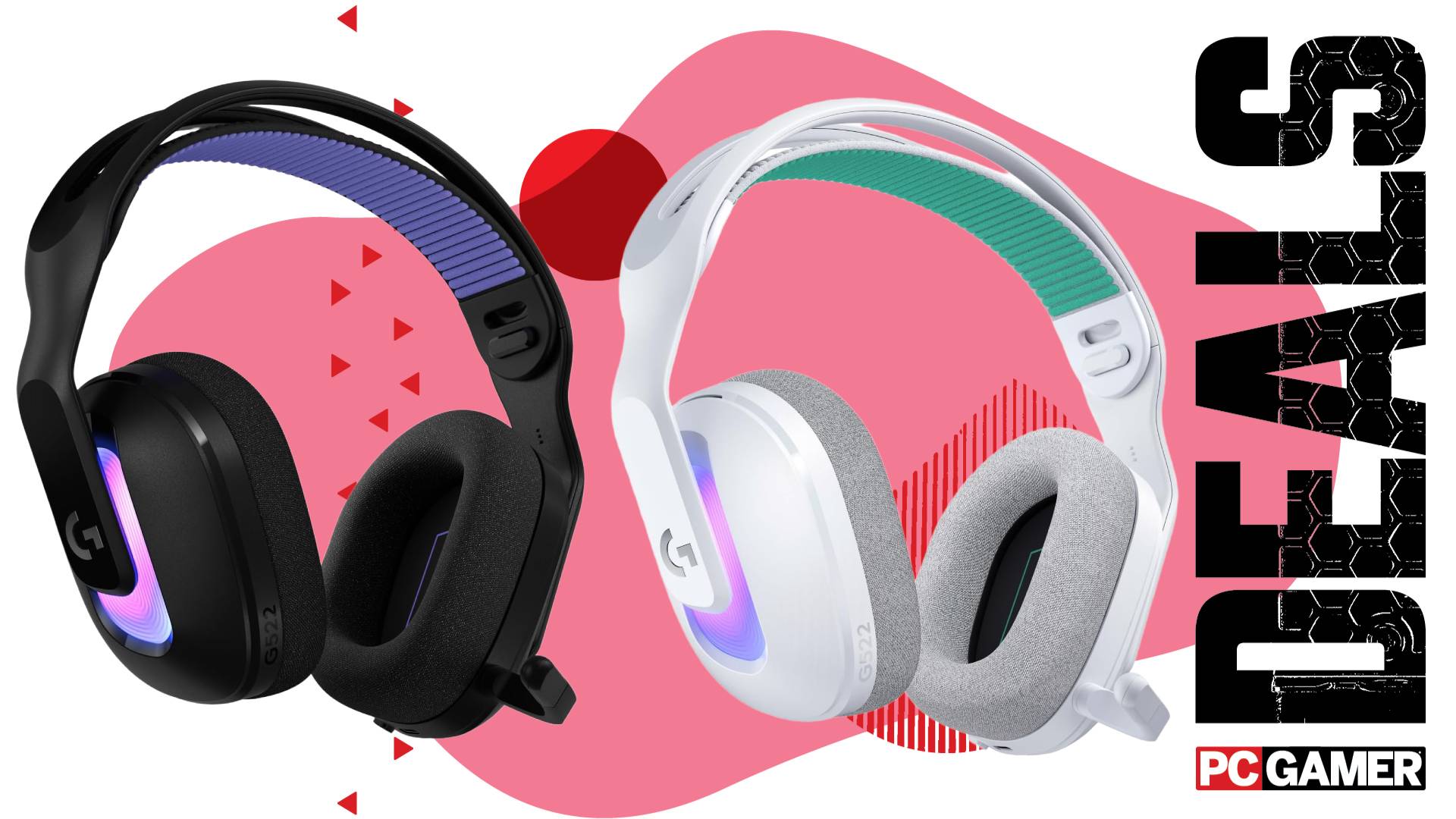 Two of the Logitech G522 Lightspeed gaming headset, one in a black colourway and one in a white colourway, float side by side in the funky PC G deal void.