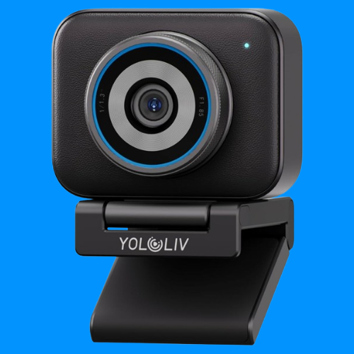 The Yolocam S3 webcam on a blue background