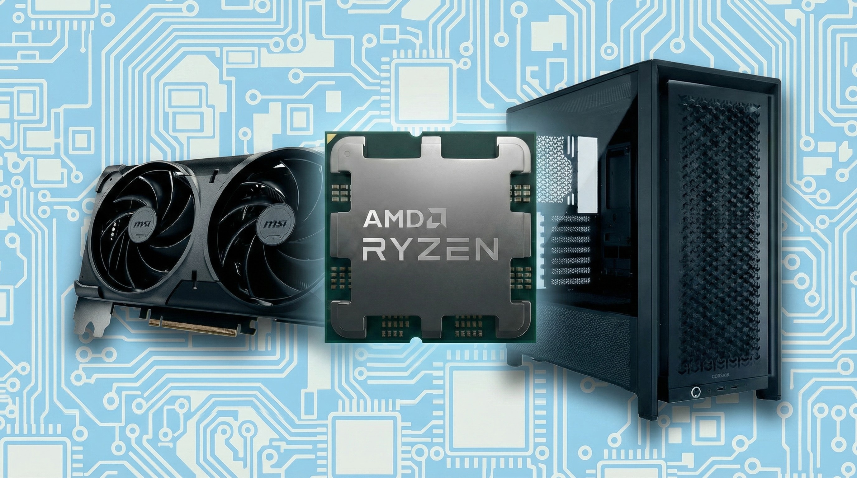 An MSI graphics card, an AMD CPU, and a Corsair PC case
