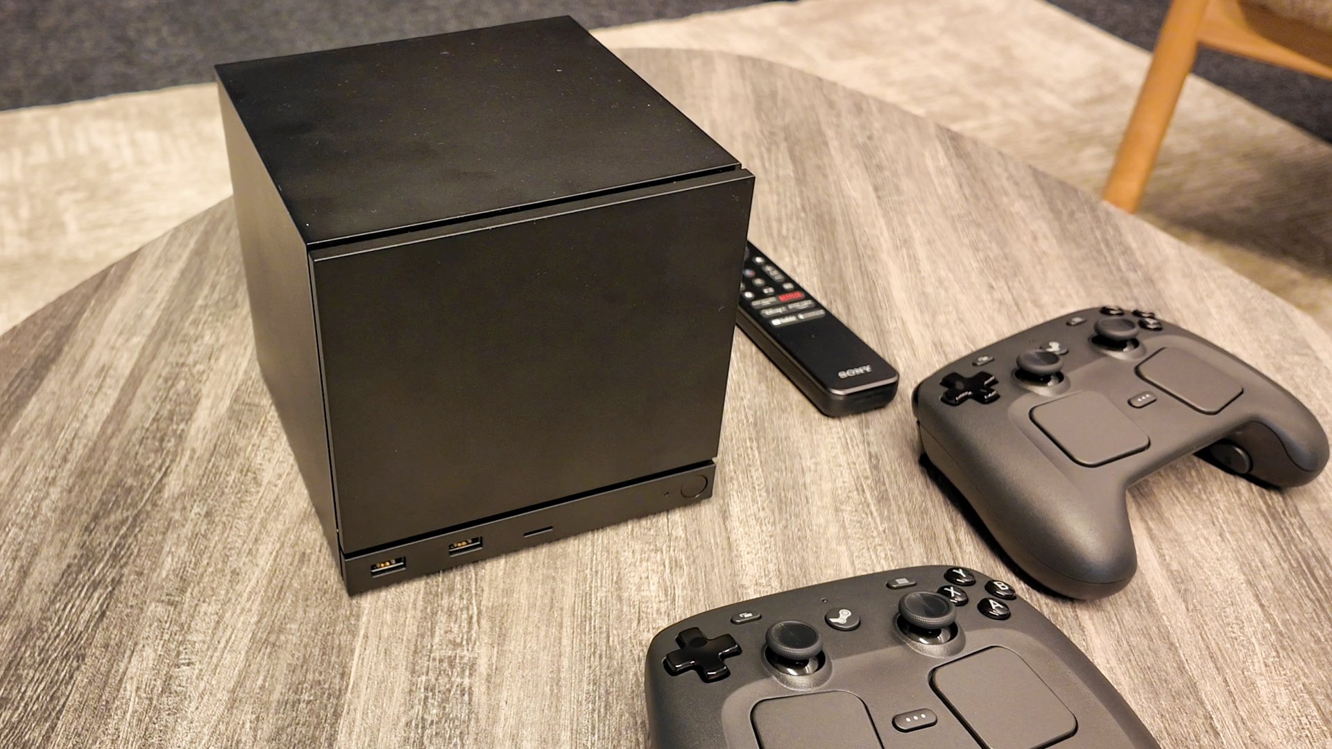 Valve's new Steam Machine during a visit to Valve HQ in Bellevue, Washington. The Steam Machine is a compact living room gaming PC.