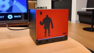 Valve's new Steam Machine during a visit to Valve HQ in Bellevue, Washington. The Steam Machine is a compact living room gaming PC.