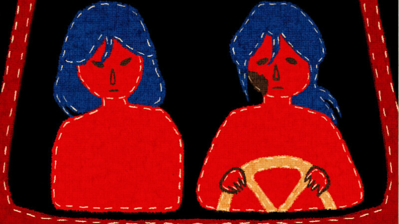 Screenshot from Stiff Neck showing two red figures in a car