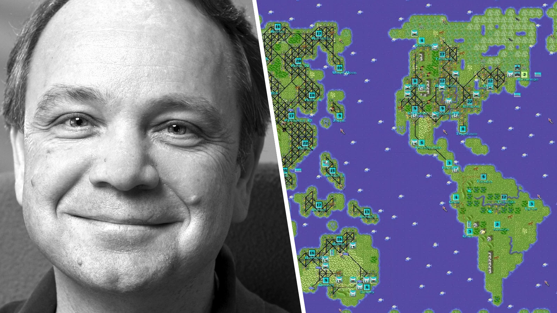 A split image with Sid Meier (left) and a map from Civilization (right)