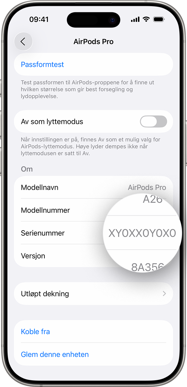 Serienummer for AirPods Pro oppført i Innstillinger på iPhone.