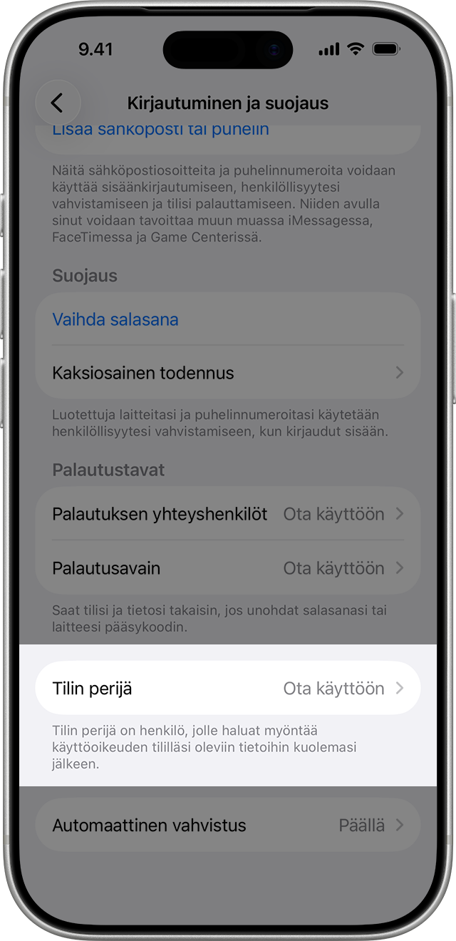 iPhone, jossa näkyy, miten voit lisätä tilin perijän.