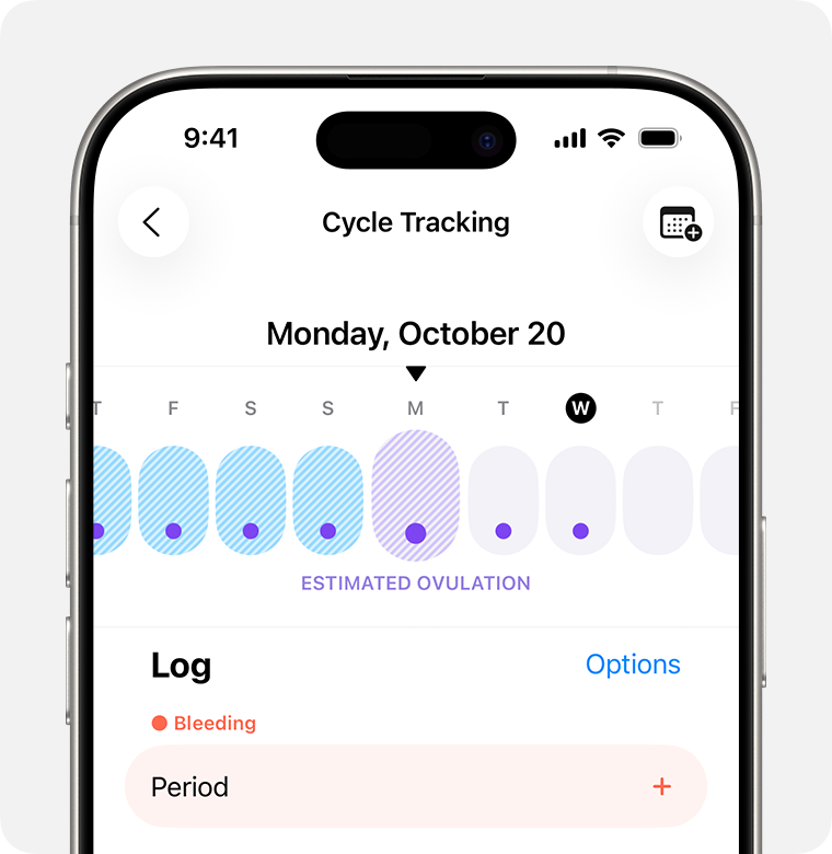 An iPhone that shows the Cycle Tracking screen with a purple oval on a calendar to indicate the estimated ovulation date.