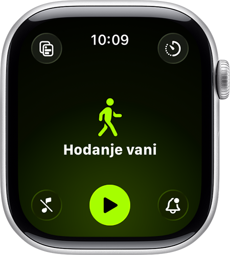 Apple Watch na kojem se prikazuju vrste treninga Hodanje na otvorenom i Hodanje u zatvorenom.