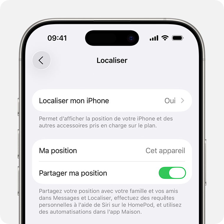 Un écran d’iPhone affichant les réglages Localiser. Les options Localiser mon iPhone et Partager ma position sont activées.