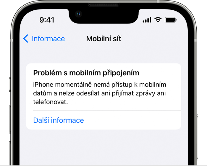 Chybová zpráva oznamující problém s mobilním připojením na iPhonu informující uživatele, že iPhone nemá přístup k mobilním datům nebo nemůže volat a přijímat hovory nebo zprávy.