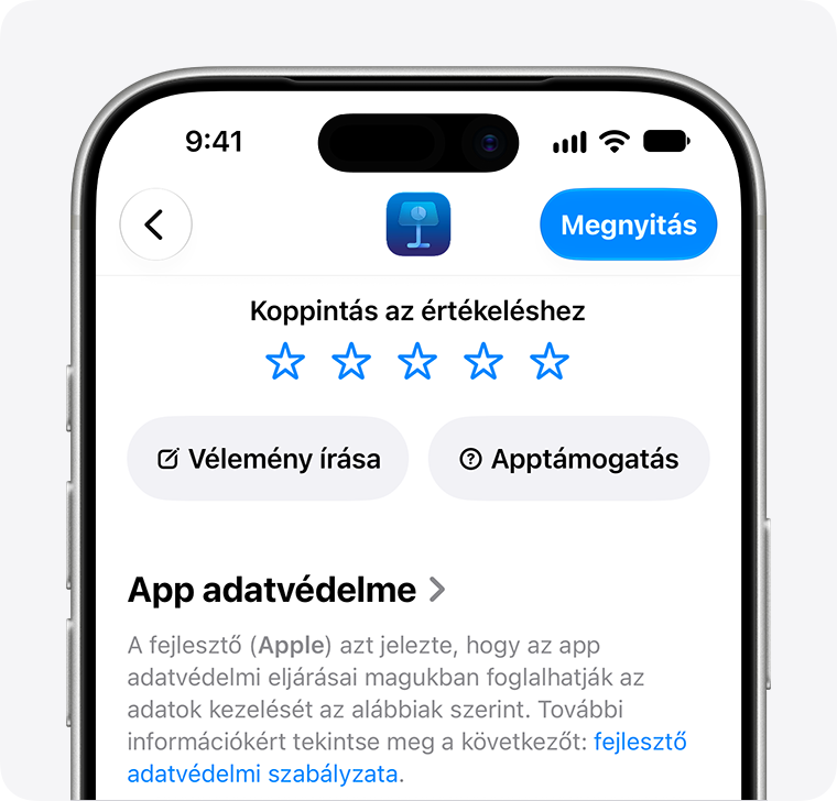 Egy iPhone, amelyen a Keynote appleíró oldala látható. A tetején 5 csillag van, amellyel értékelheti az appot, egy gomb vélemény írásához, és egy gomb az Apptámogatás megnyitásához.