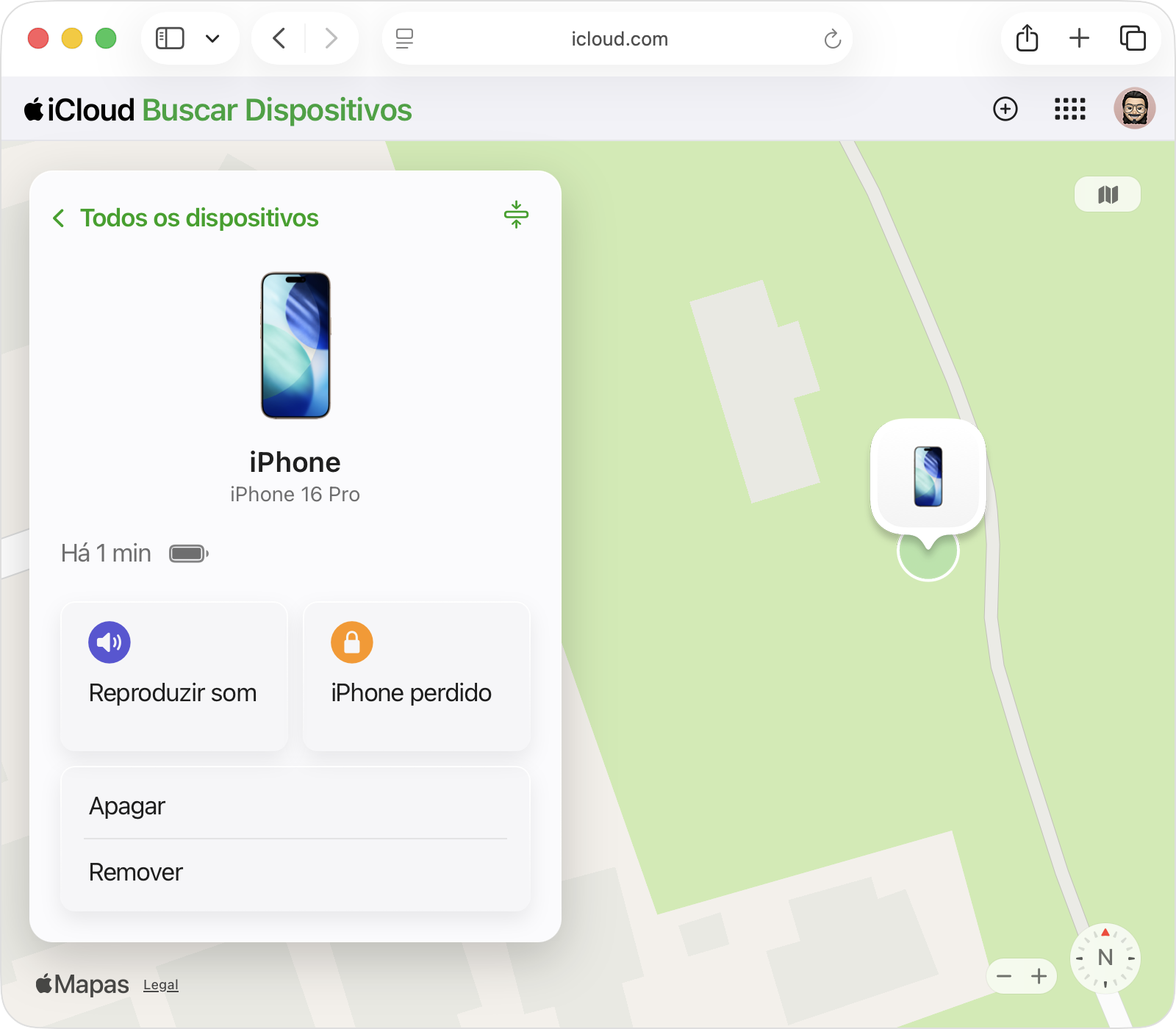 Menu Dispositivo em Buscar Dispositivos do iCloud