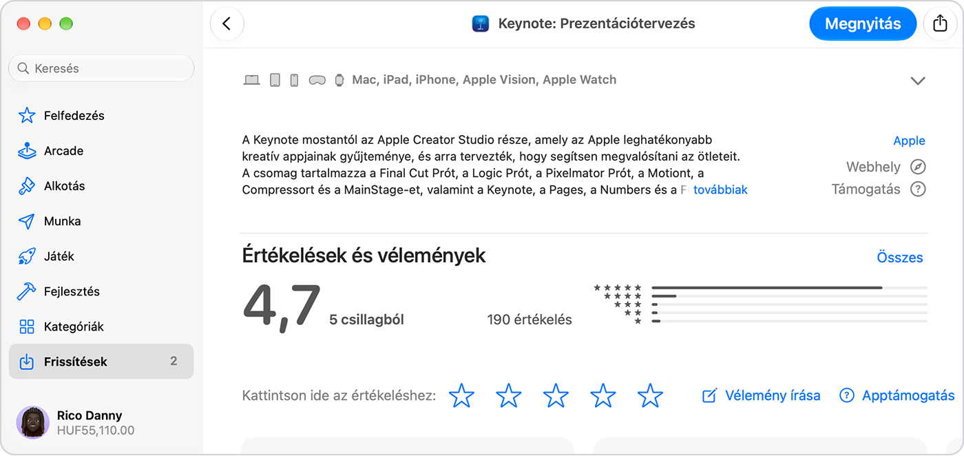 Macen az App Store-ban megjelenik a Keynote előnézeti oldala. A jobb alsó sarokban látható az Apptámogatás hivatkozás.