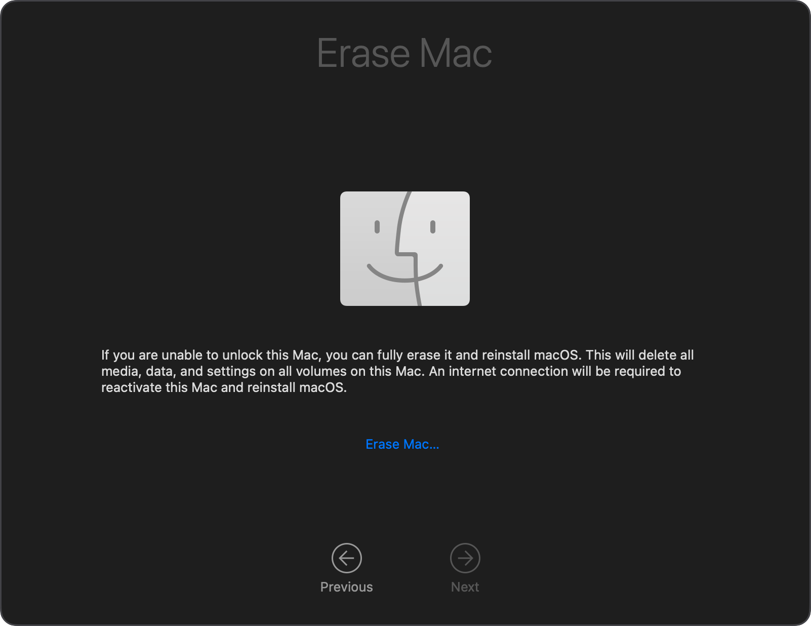 Erase Mac window in macOS Recovery, warning that this will delete all media, data, and settings on this Mac.