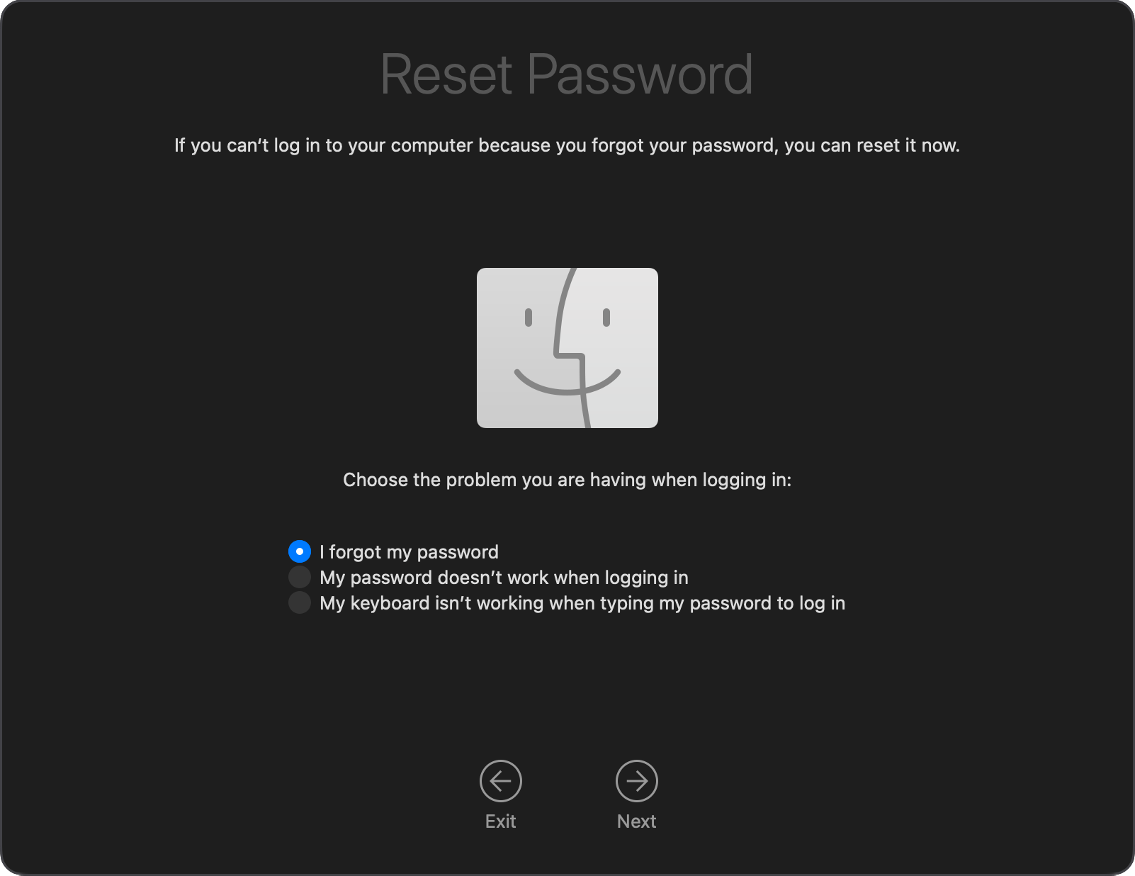 Reset Password window in macOS Recovery.