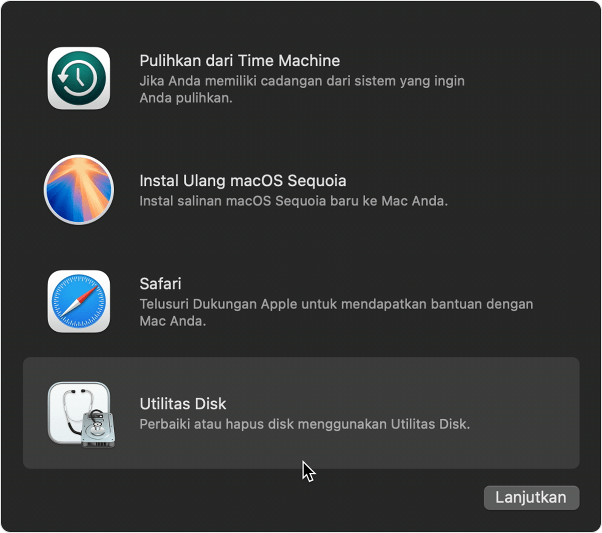 Jendela Utilitas di Pemulihan macOS