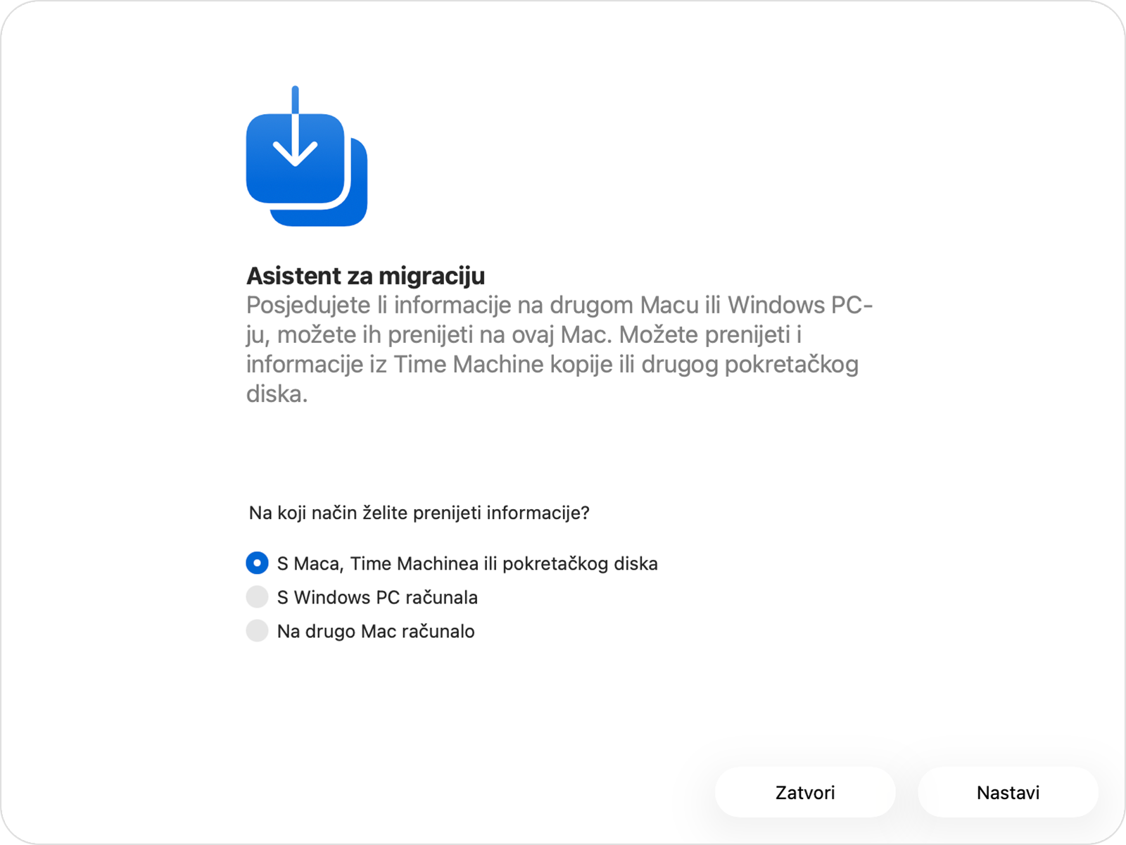 Asistent za migraciju s odabranom opcijom „S Mac računala, iz aplikacije Time Machine ili s diska za pokretanje”.